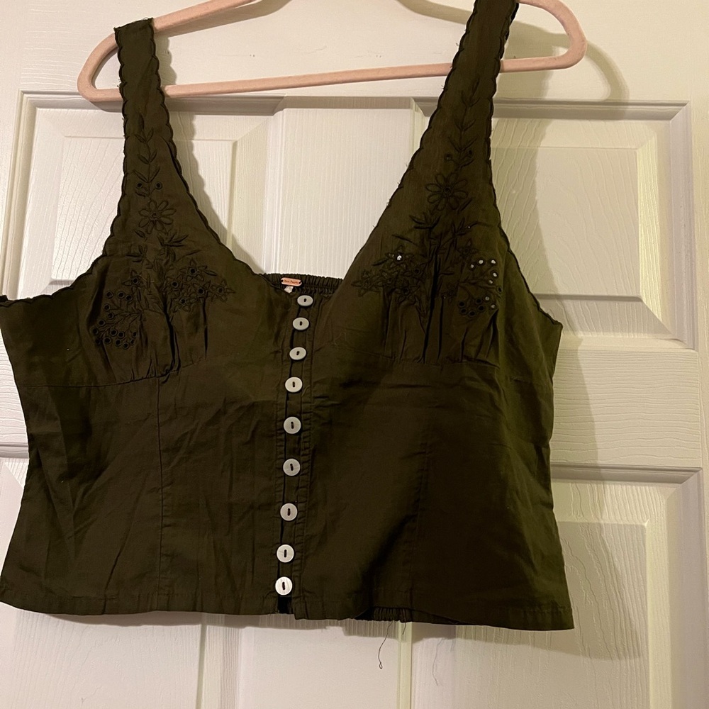 Free People Olive Green Embroidered Crop Top